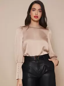 SHEIN Privé Buttoned Cuff Lantern Sleeve Satin Top - Apricot - View 4