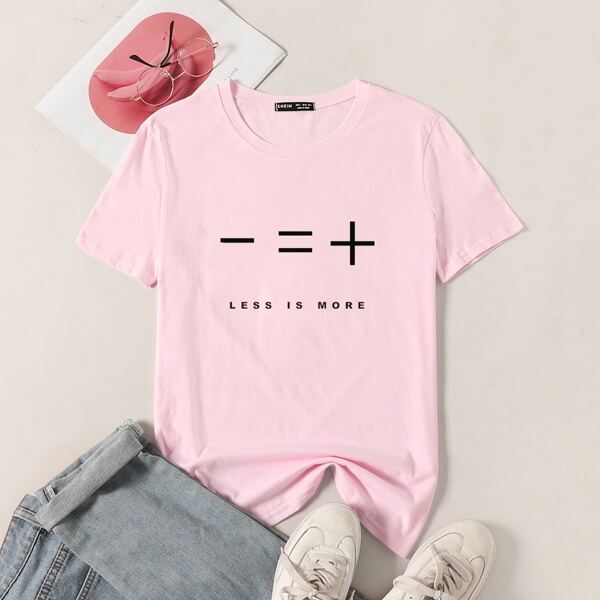 

Slogan & Graphic Print Tee, Pastel baby pink