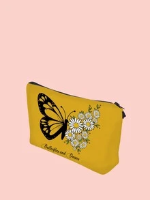 Túi mỹ phẩm in hình bướm và hoa cúc - Màu vàng - Xem 2