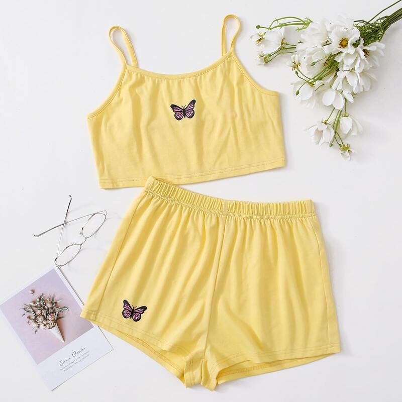 

Butterfly Print Cami & Shorts PJ Set, Yellow