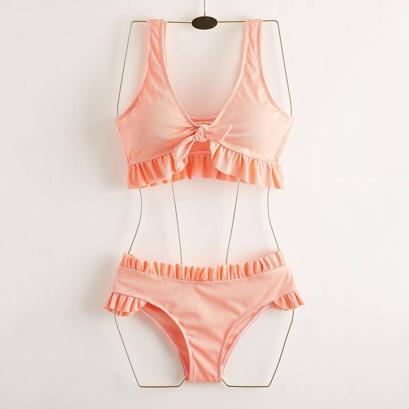 

Ruffle Knot Bikini Swimsuit, Coral pink