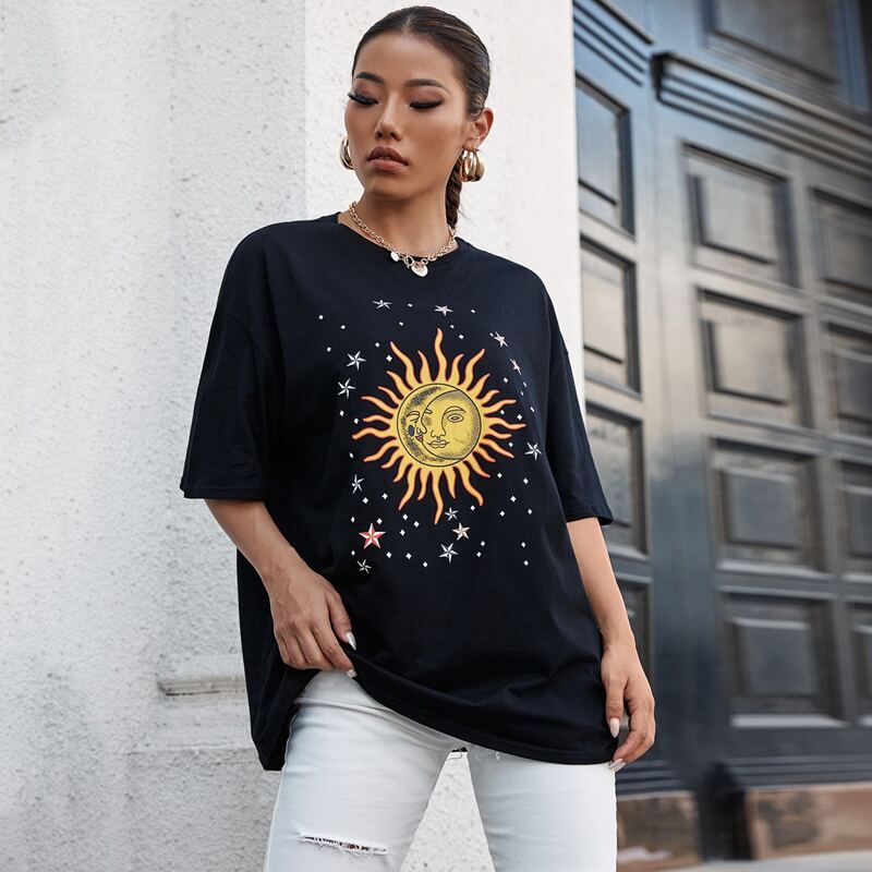 

Drop Shoulder Moon & Sun Print Tee, Black