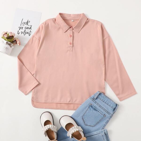 

Girls Solid Drop Shoulder High Low Polo Tee, Coral pink
