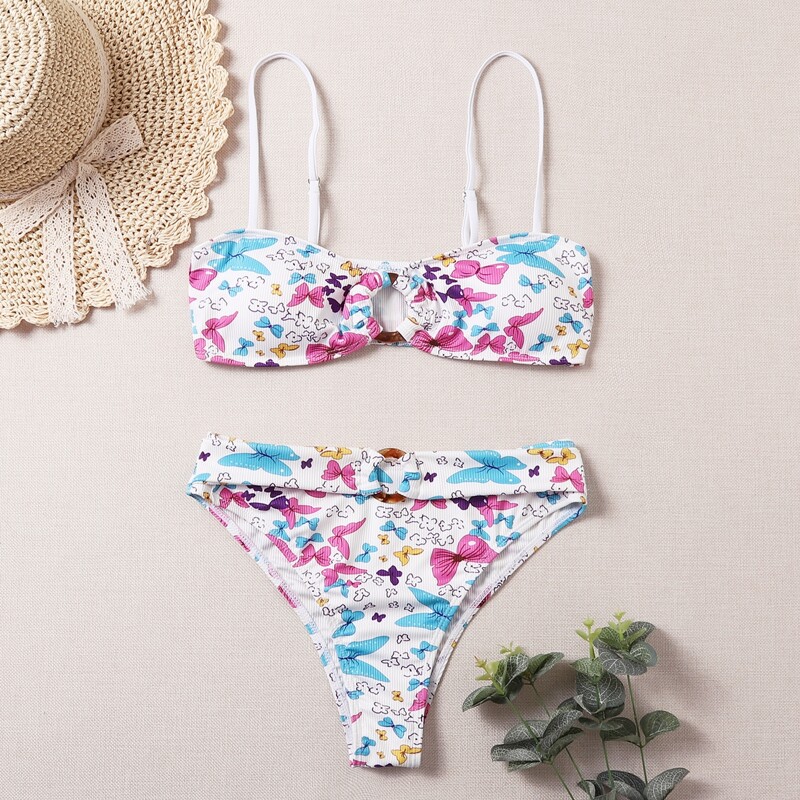 

Butterfly Print O-ring Linked Bikini Swimsuit, Multicolor