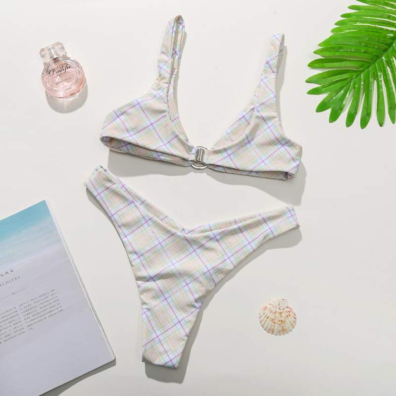 

Plaid O-ring Linked Bikini Swimsuit, Multicolor