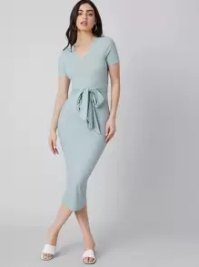SHEIN V-neck Self Belted Dress - Mint Green - View 1