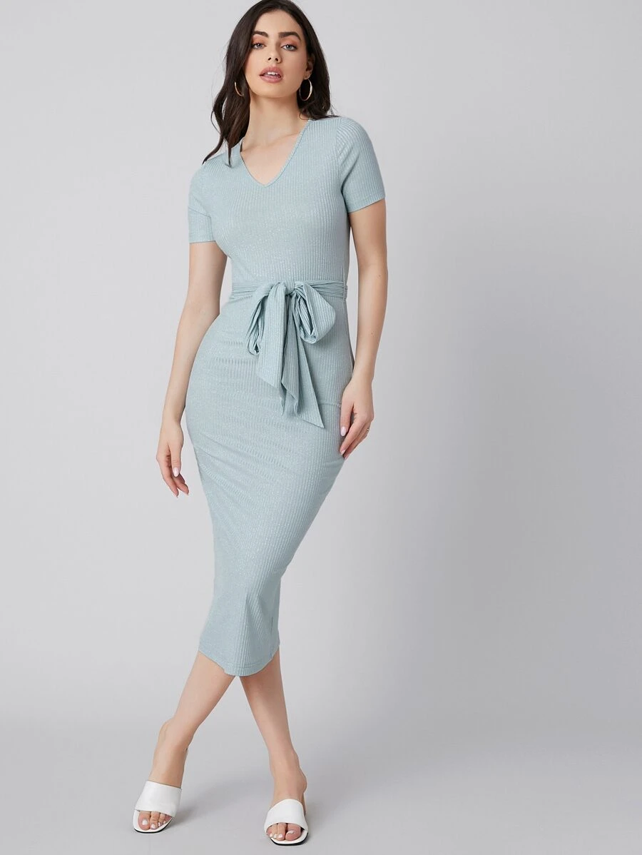 SHEIN V-neck Self Belted Dress - Mint Green - View 1