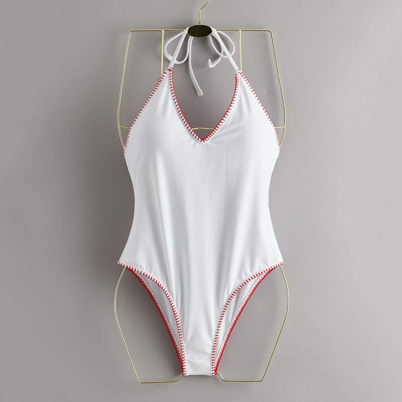 

Contrast Binding Halter One Piece Swimsuit, Red and white