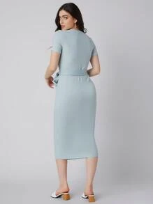 SHEIN V-neck Self Belted Dress - Mint Green - View 2