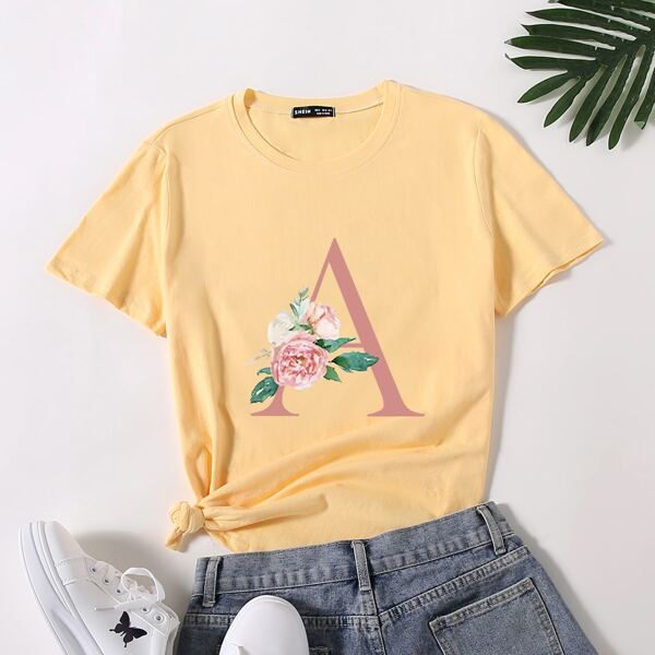 

Letter & Floral Print Round Neck Tee, Yellow
