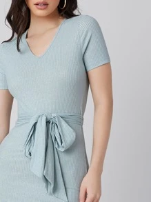 SHEIN V-neck Self Belted Dress - Mint Green - View 4