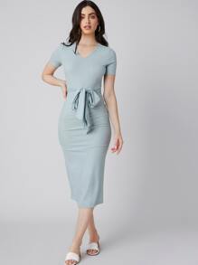 SHEIN V-neck Self Belted Dress - Mint Green - View 5