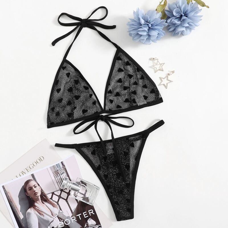 

Glitter Heart Print Thong Lingerie Set, Black
