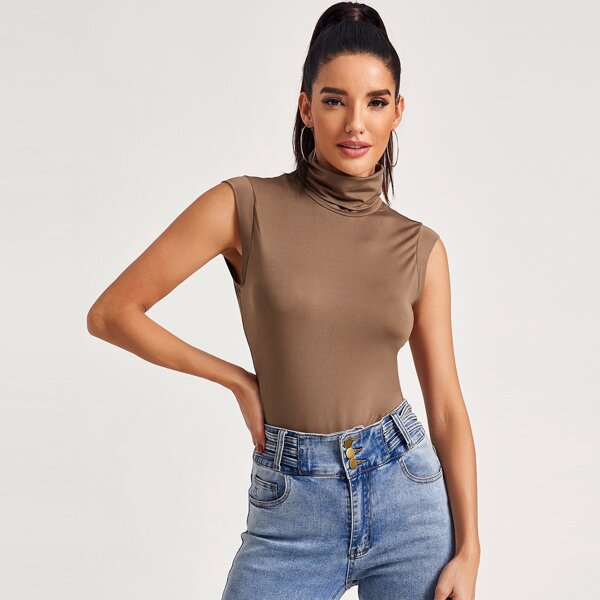 

High Neck Solid Tank Top, Mocha brown