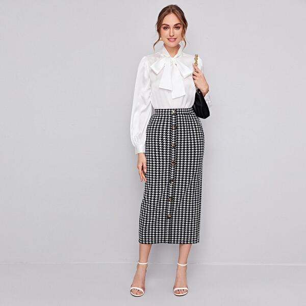 

Tie Neck Satin Top and Button Up Houndstooth Skirt Set, Black and white