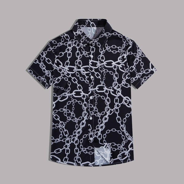

Men Chain Print Button Front Shirt, Black and white