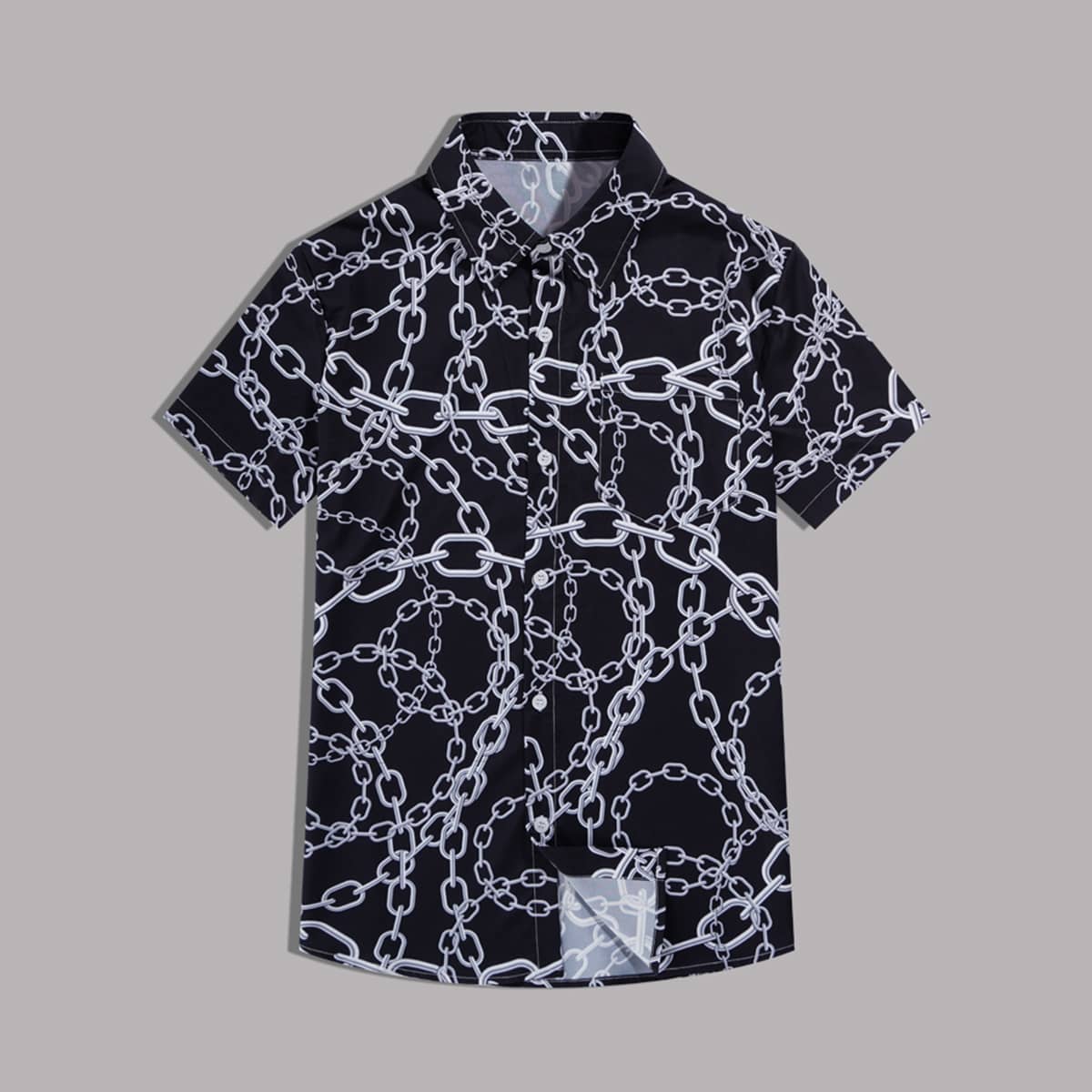 

Guys Chain Print Button Front Shirt, Black and white