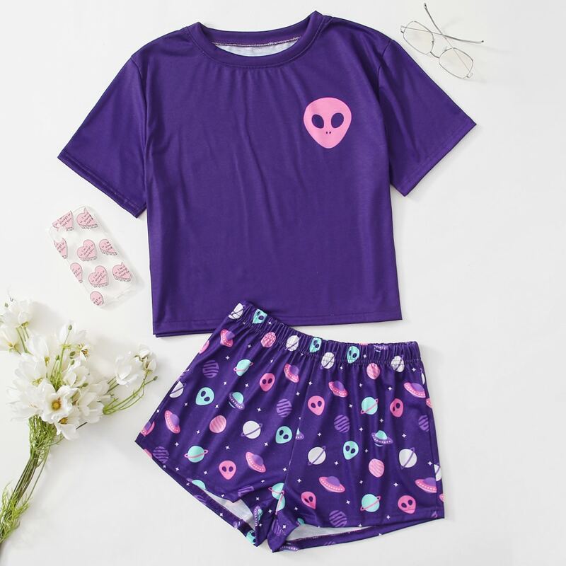 

Alien Print Shorts PJ Set, Purple