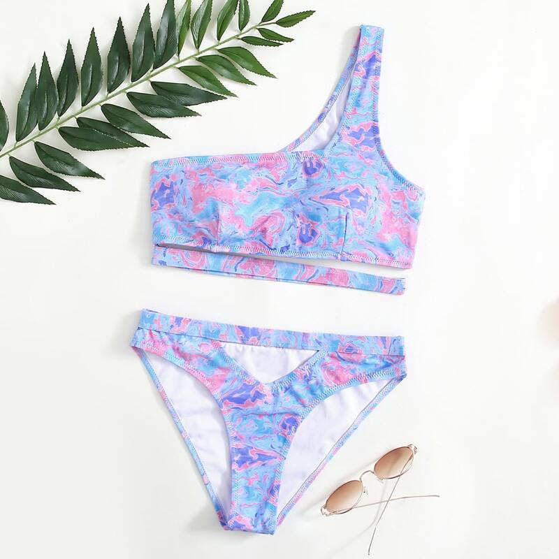 

Tie Dye One Shoulder Cut-out Bikini Swimsuit, Multicolor