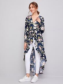 SHEIN Clasi Floral Print Self Belted Dip Hem Top - Multicolor - View 3