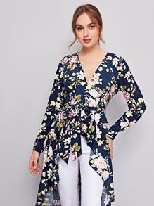 SHEIN Clasi Floral Print Self Belted Dip Hem Top - Multicolor - View 4