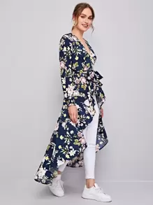 SHEIN Clasi Floral Print Self Belted Dip Hem Top - Multicolor - View 5