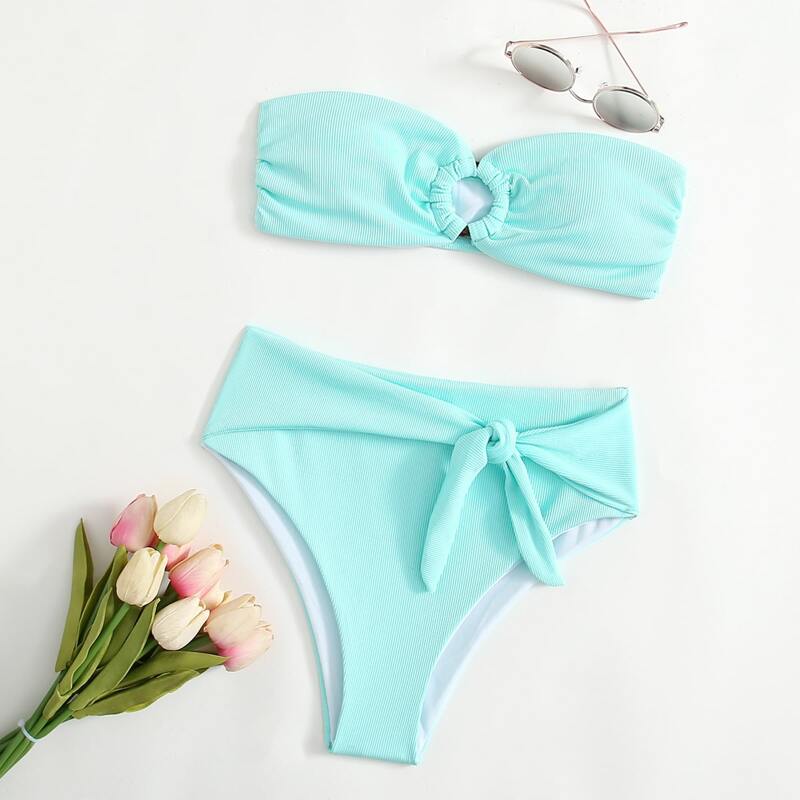 

Solid Tie Front High Waist Bikini Swimsuit, Mint blue