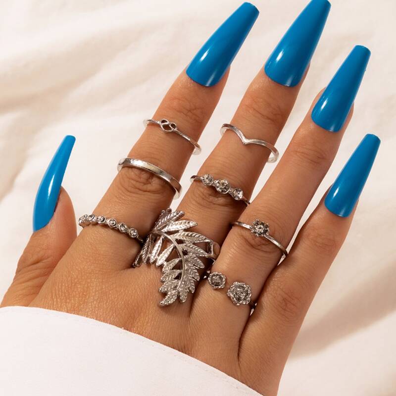 

8pcs Leaf & Rhinestone Decor Ring, Antique silver