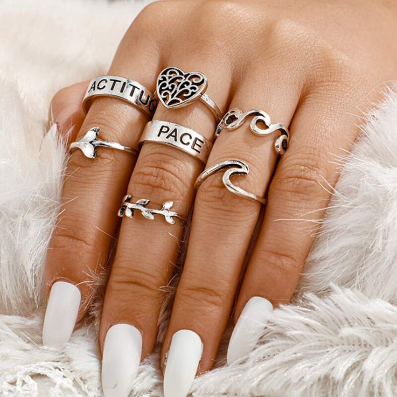 

7pcs Letter & Heart Design Ring, Silver
