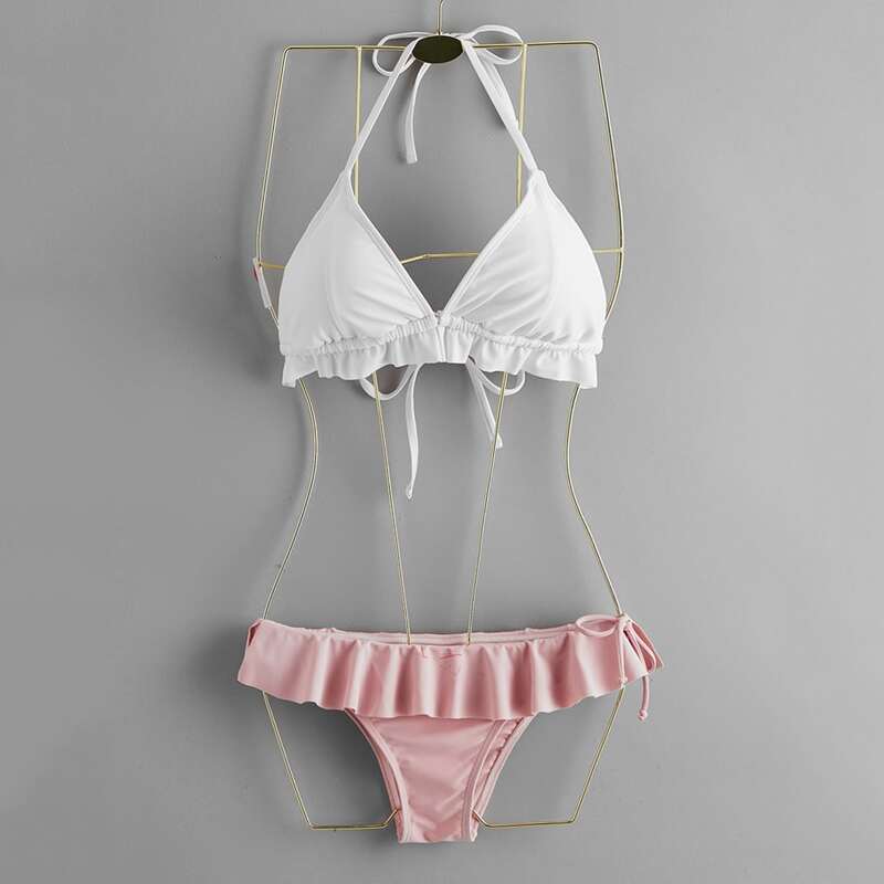 

Ruffle Hem Triangle Bikini Swimsuit, Multicolor