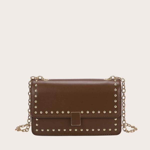 

Studded Decor Chain Crossbody Bag, Brown