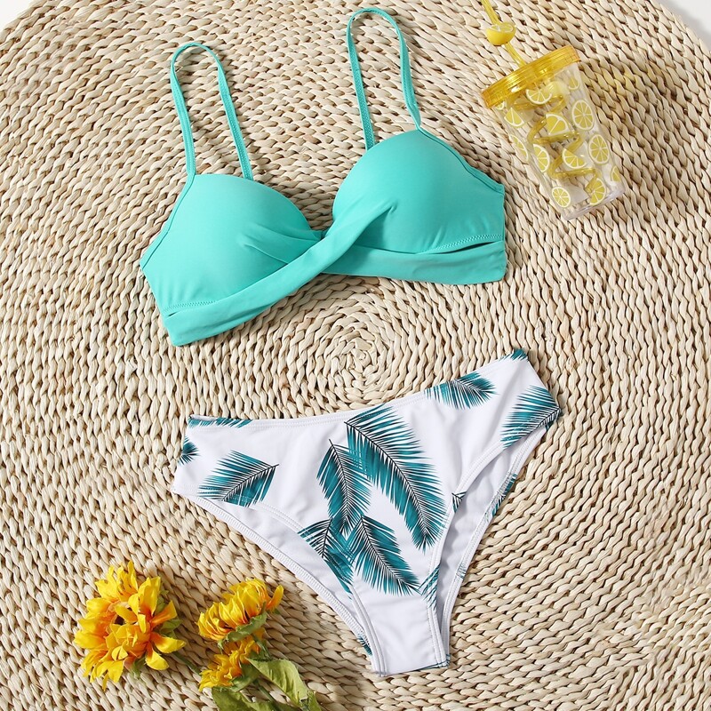 

Leaf Print Push Up Bikini Swimsuit, Multicolor
