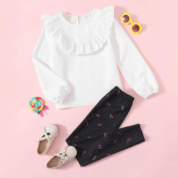 

Girls Ruffle Trim Bishop Sleeve Top & Floral Polka Dot Leggings Set, Black and white