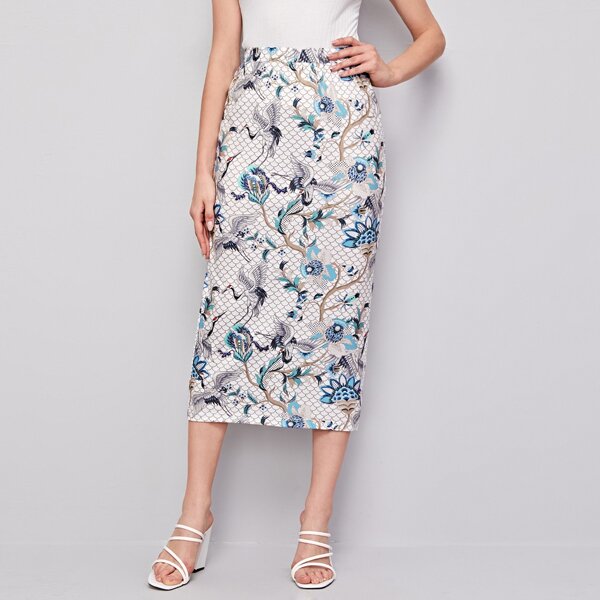 

Red-crowned Crane Print Pencil Skirt, Multicolor