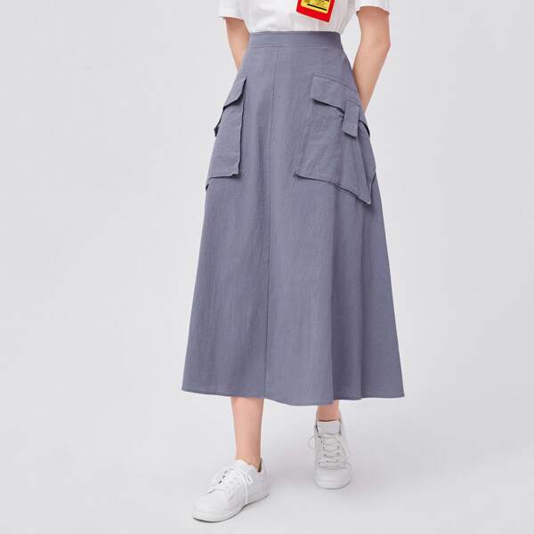 

Flap Pocket Front Solid Skirt, Dusty blue