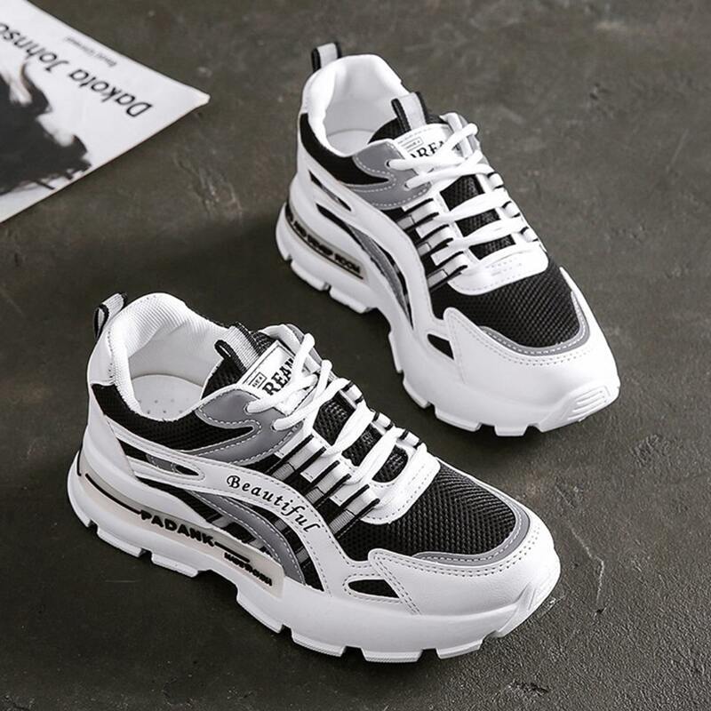

Colorblock Lace-up Mesh Chunky Sneakers, Black and white