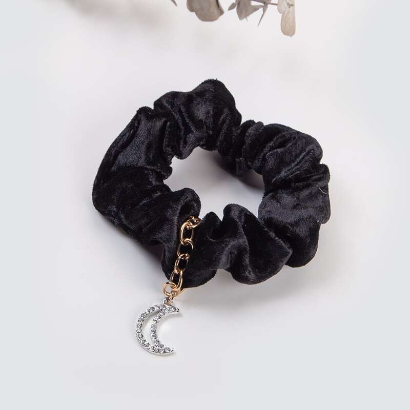 

Rhinestone Moon Pendant Scrunchie, Black