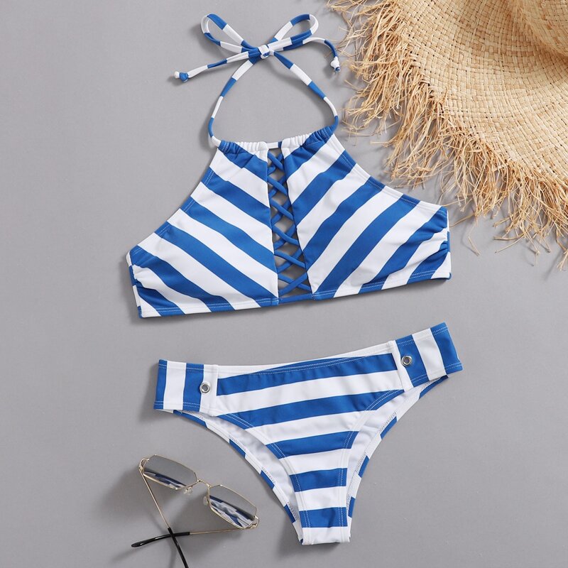

Striped Criss Cross Bikini Swimsuit, Blue and white