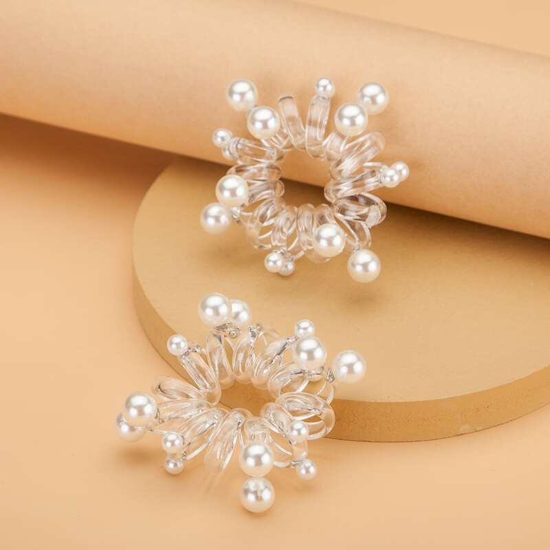 

2pcs Faux Pearl Coil Hair Tie, Clear