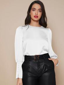 SHEIN Privé Blus Tombol Plain Anggun - Putih - View 3
