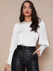 SHEIN Privé Blus Tombol Plain Anggun - Putih - View 5
