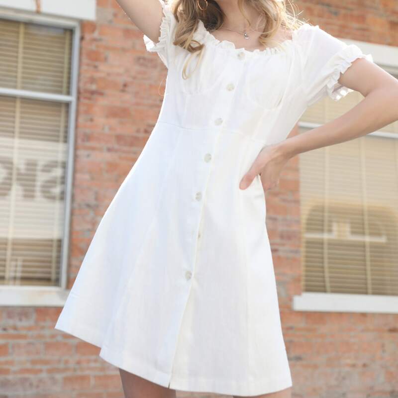 

Frill Trim Button Front Dress, White