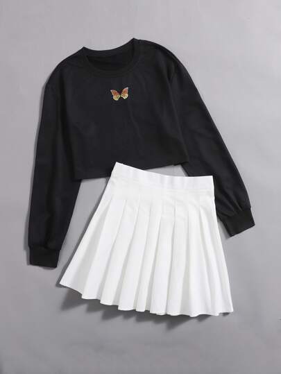 Butterfly Embroidery Top & Pleated Skirt