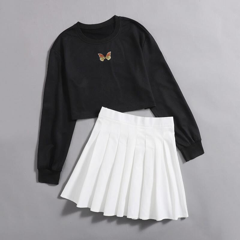 

Butterfly Embroidery Top & Pleated Skirt, Black and white