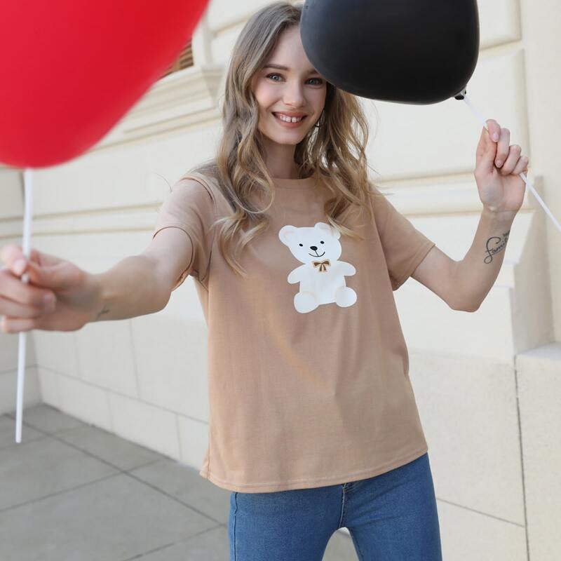 

Cartoon Bear Pattern Tee, Khaki