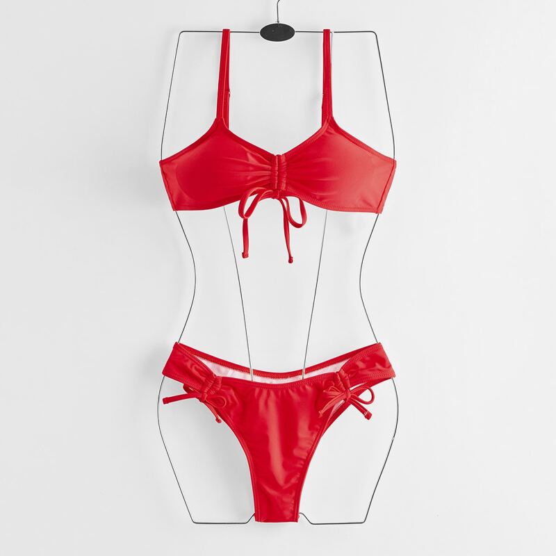 

Solid Drawstring Bikini Swimsuit, Red