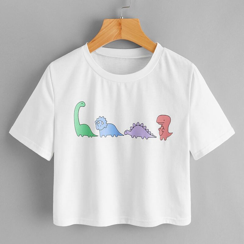 

Cartoon Dinosaur Crop Tee, White