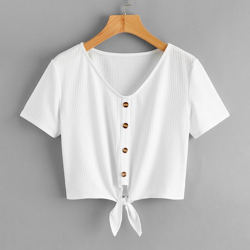 

Button Knot Hem Ribbed Tee, White