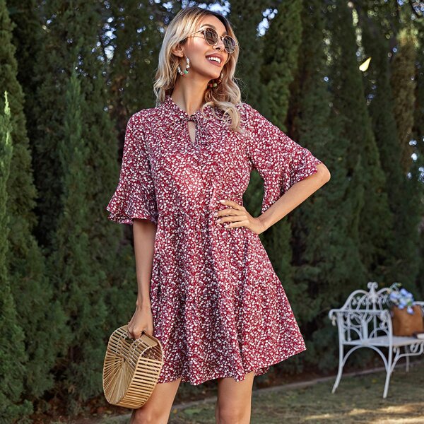

Tie Neck Ruffle Cuff Ditsy Floral Dress, Red and white