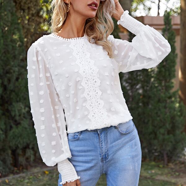

Lantern Sleeve Guipure Lace Swiss Dot Top, White